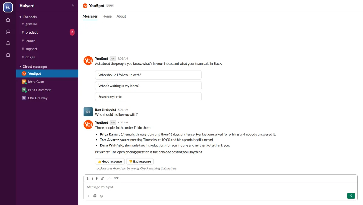 The YouSpot Messages tab in Slack with suggested prompts and an answer naming three people to follow up with