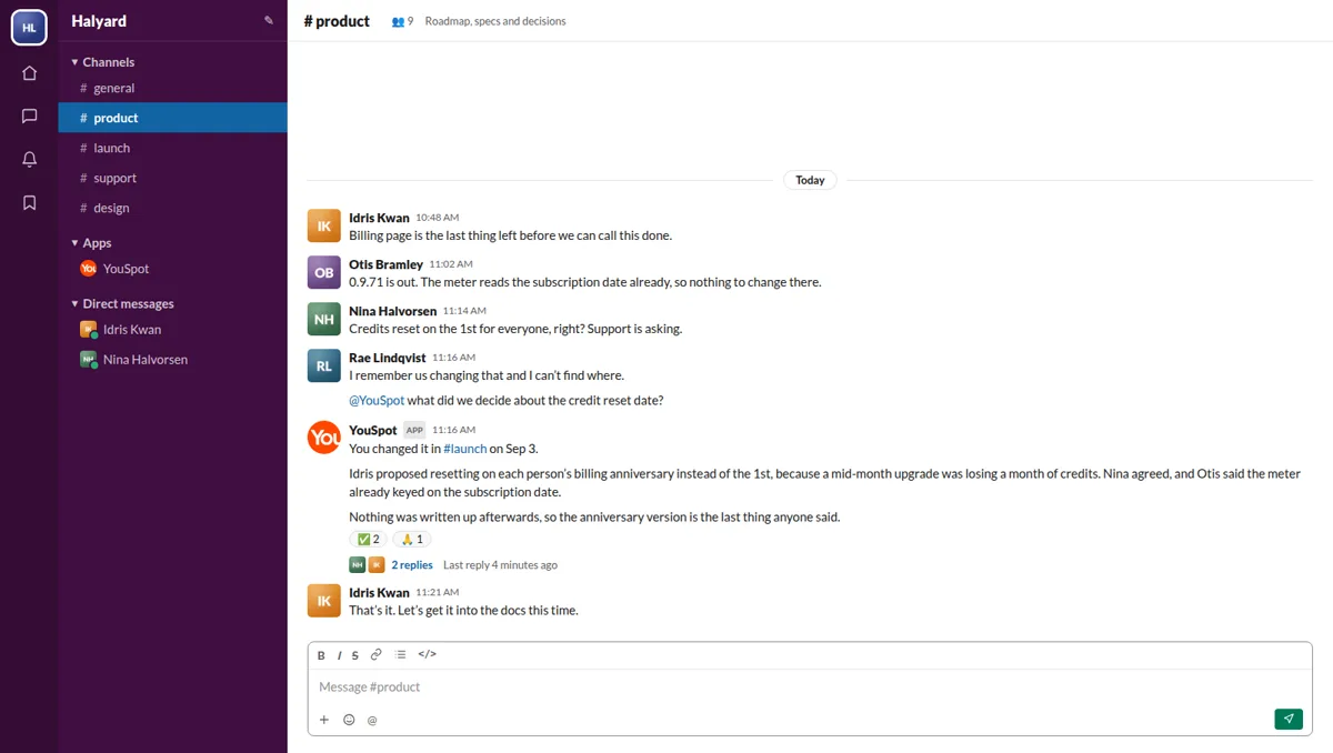 A question to @YouSpot in #product and its answer in the same thread