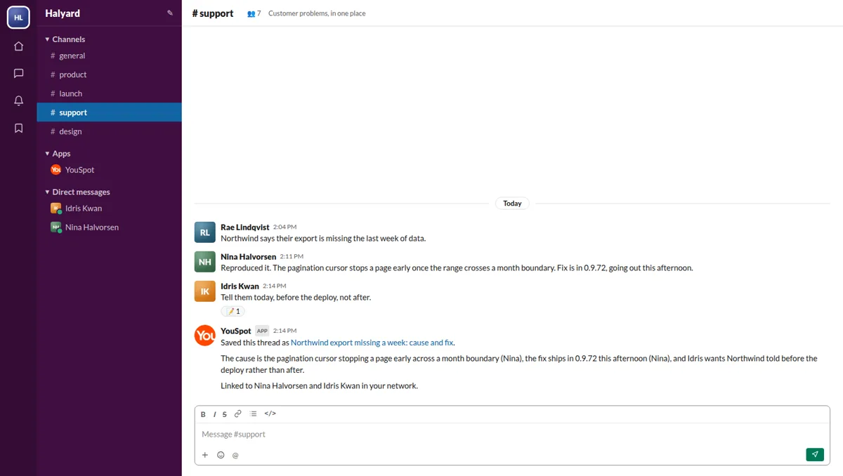 A :memo: reaction on a #support thread and YouSpot replying with the note it saved