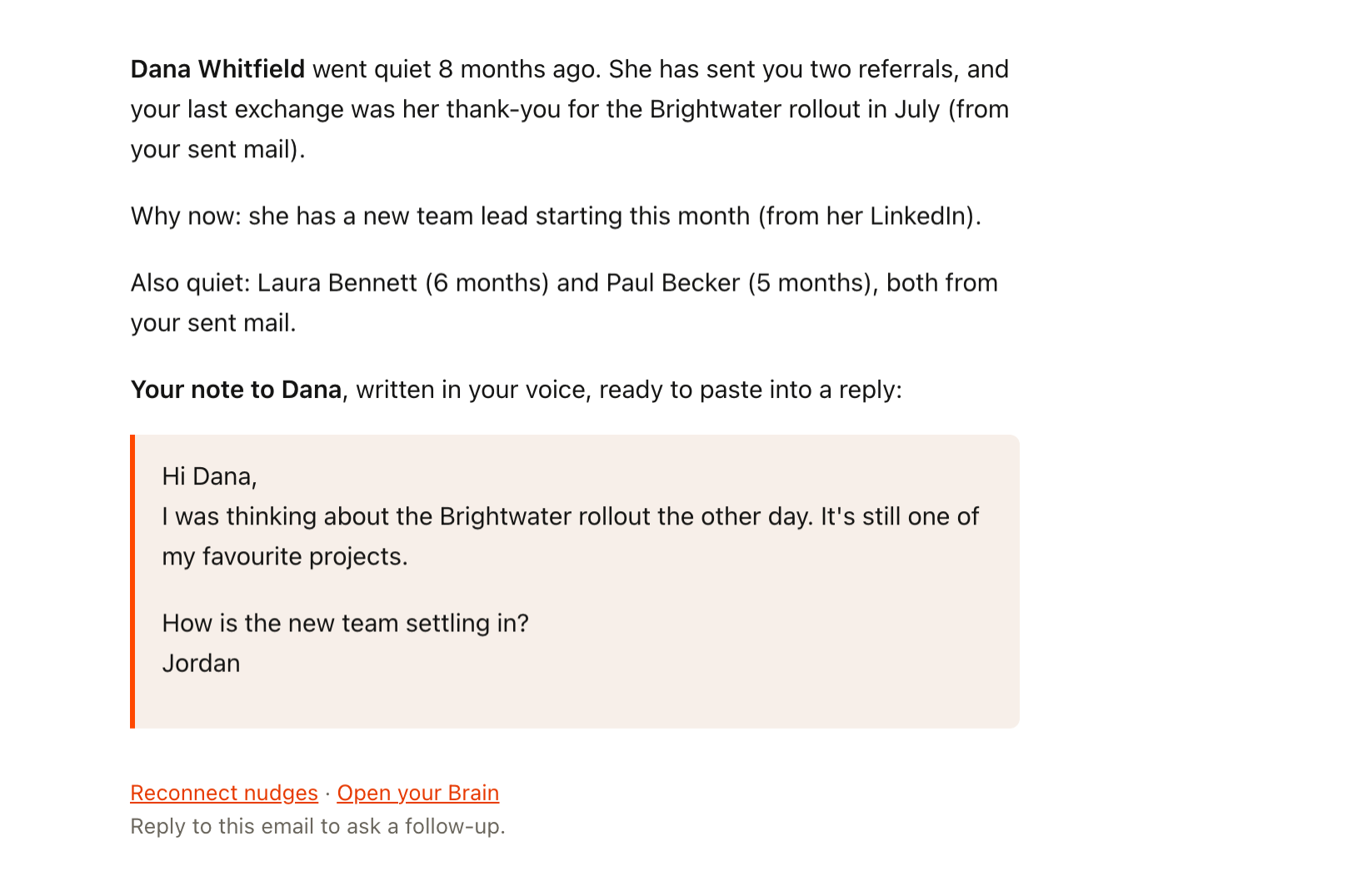 The Reconnect nudges email that opens the Monday: Dana went quiet eight months ago after sending two referrals, your last exchange cited from sent mail, and a note to Dana at the bottom about the project you wrapped together.
