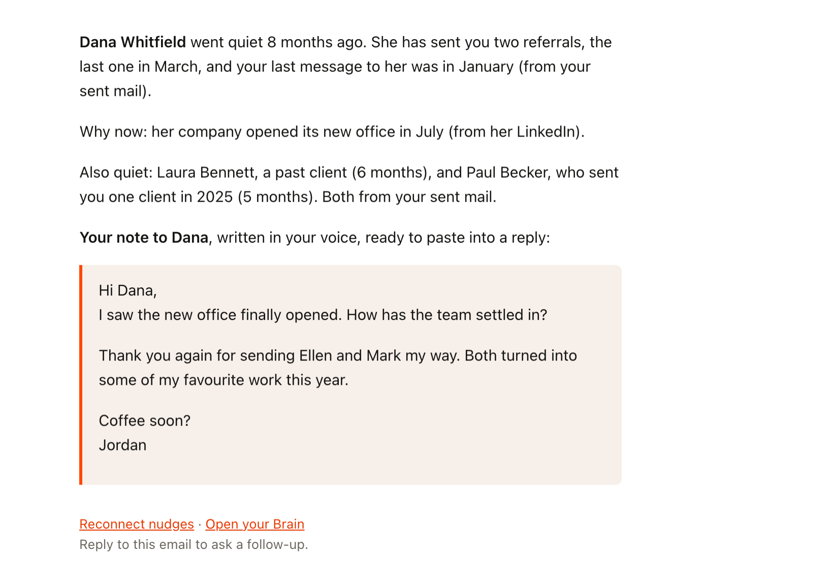 The Reconnect nudges email: Dana went quiet eight months ago after sending two referrals, with the dates cited from sent mail, two more quiet names below her, and a note to Dana at the bottom about her new office.